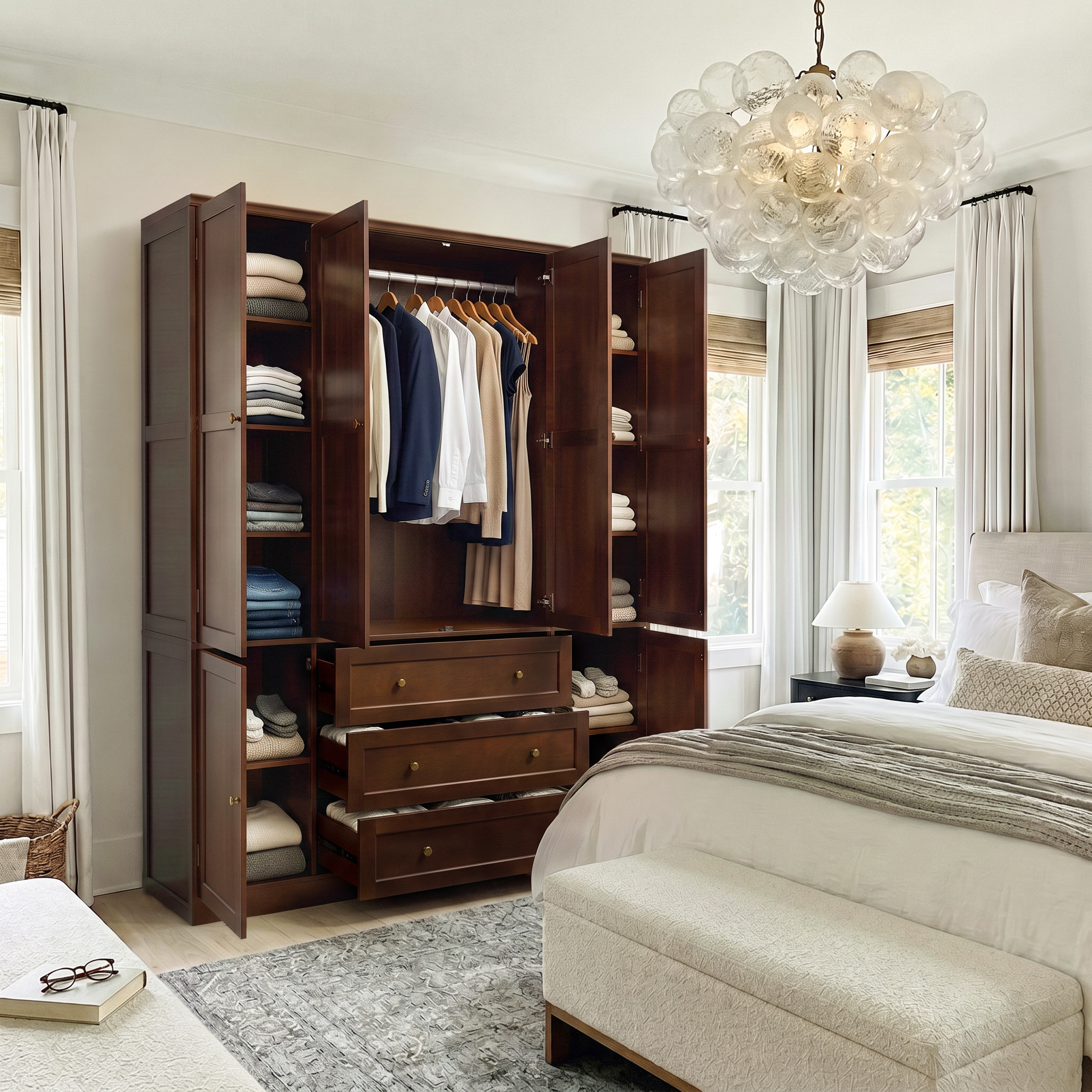 6-Door Wardrobe Armoire with Drawers - Dark Brown
