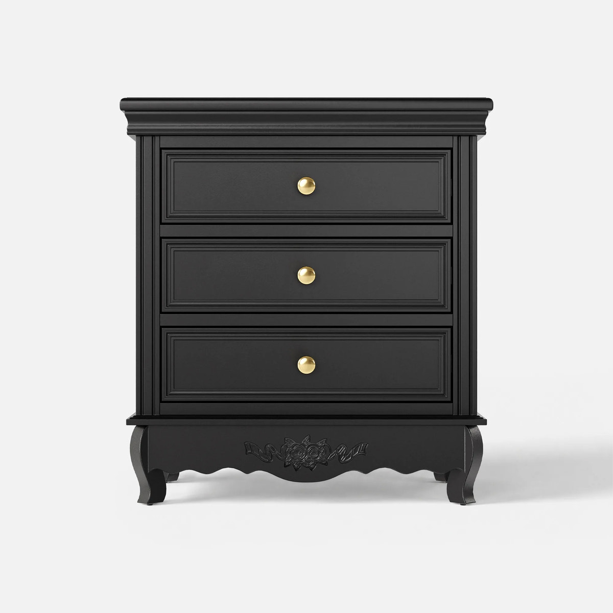 Black Classic 3-Drawer Nightstand with Metal Handles