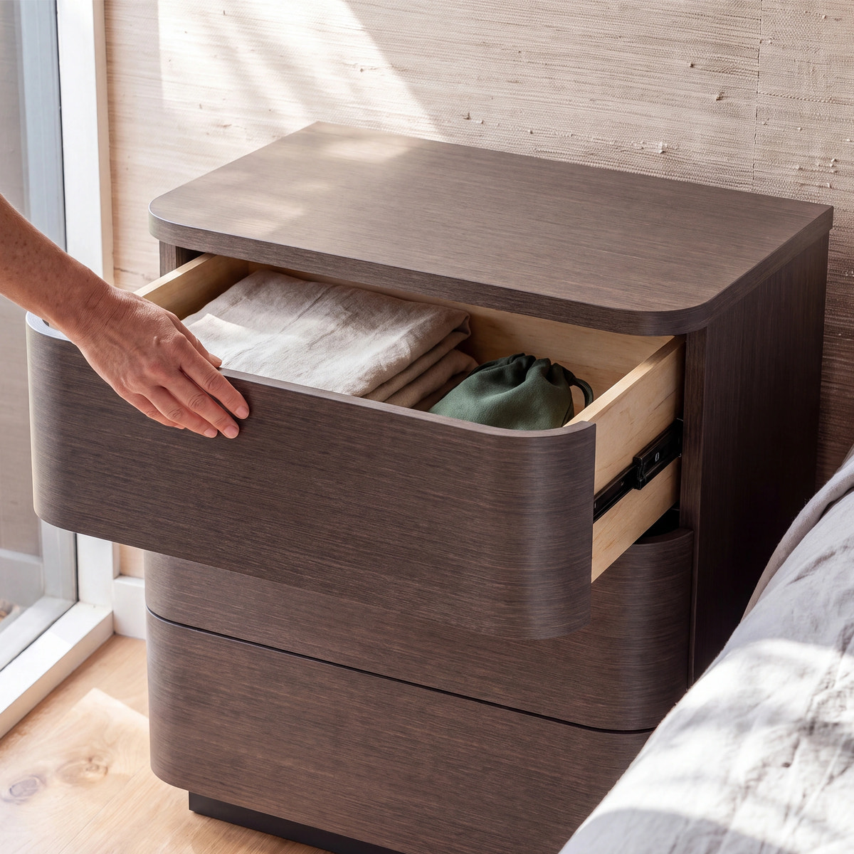 Orbis 3-Drawer Curved Dresser – Dark Walnut