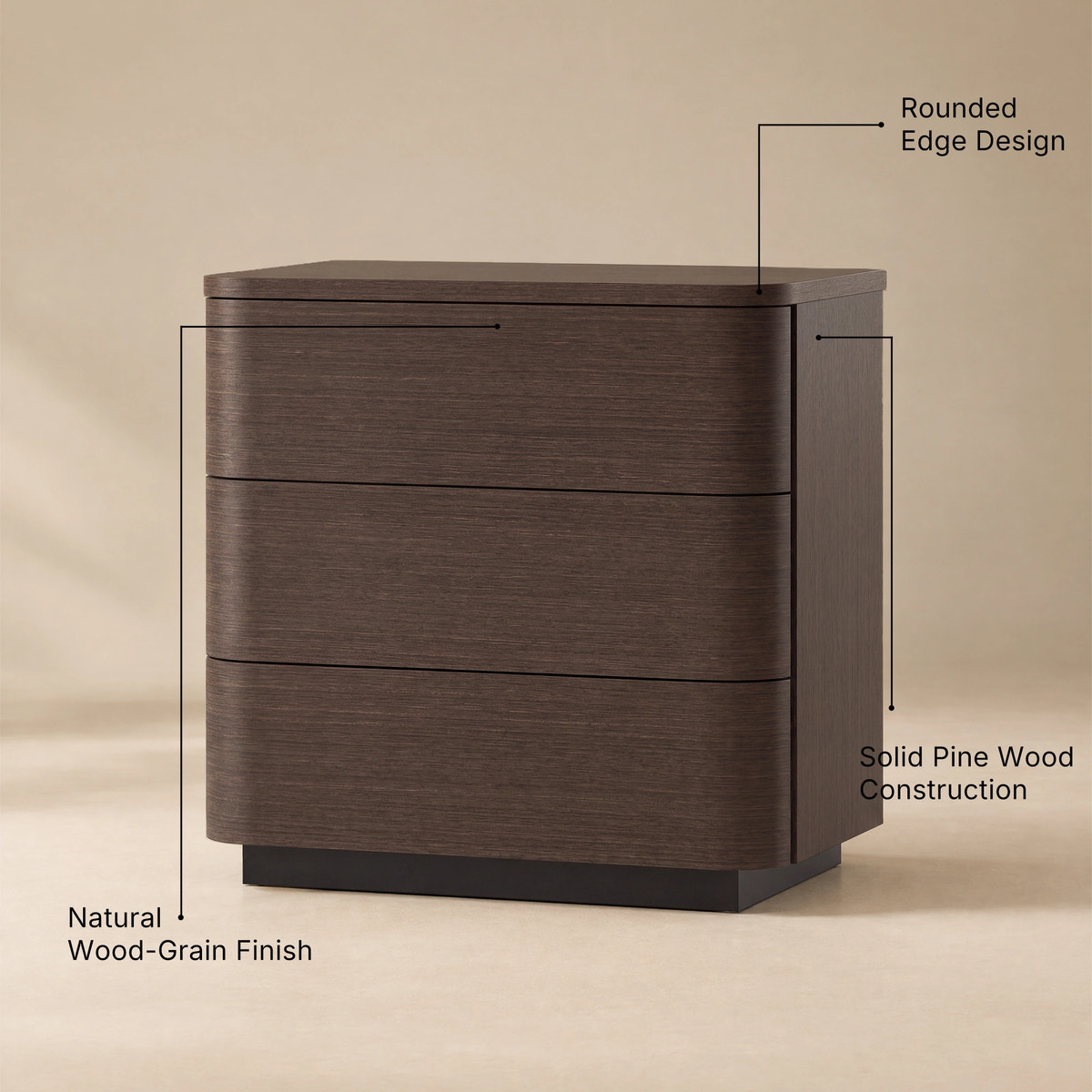Orbis 3-Drawer Curved Dresser – Dark Walnut