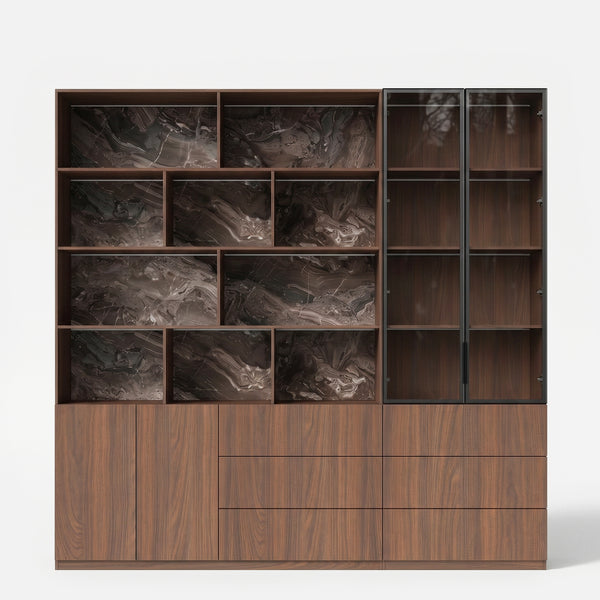 Bookcase Storage Cabinet Set with Drawers-Brown