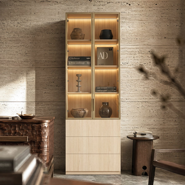 Glass Display Cabinet with 3 Drawers-Natural