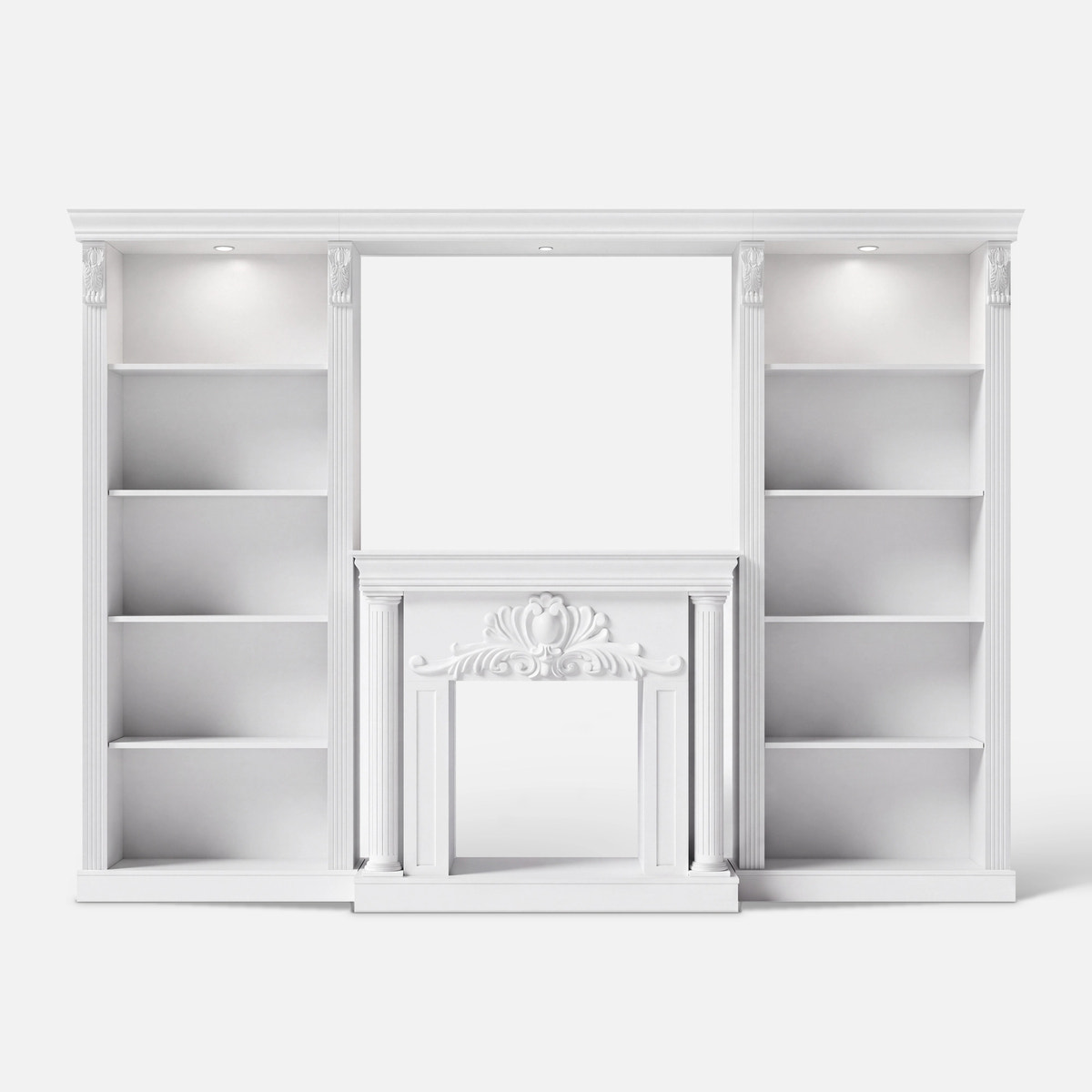 White Entertainment Center with 5-Tier Bookcases and Built-In Lighting