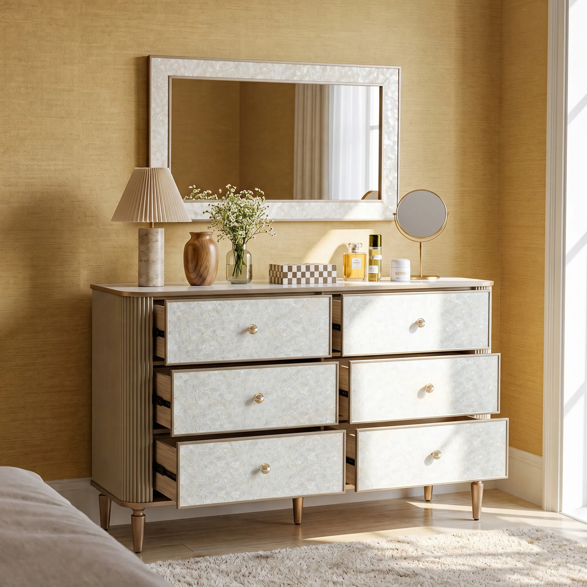 Nacre Mother-of-Pearl Inspired Dresser & Mirror Set