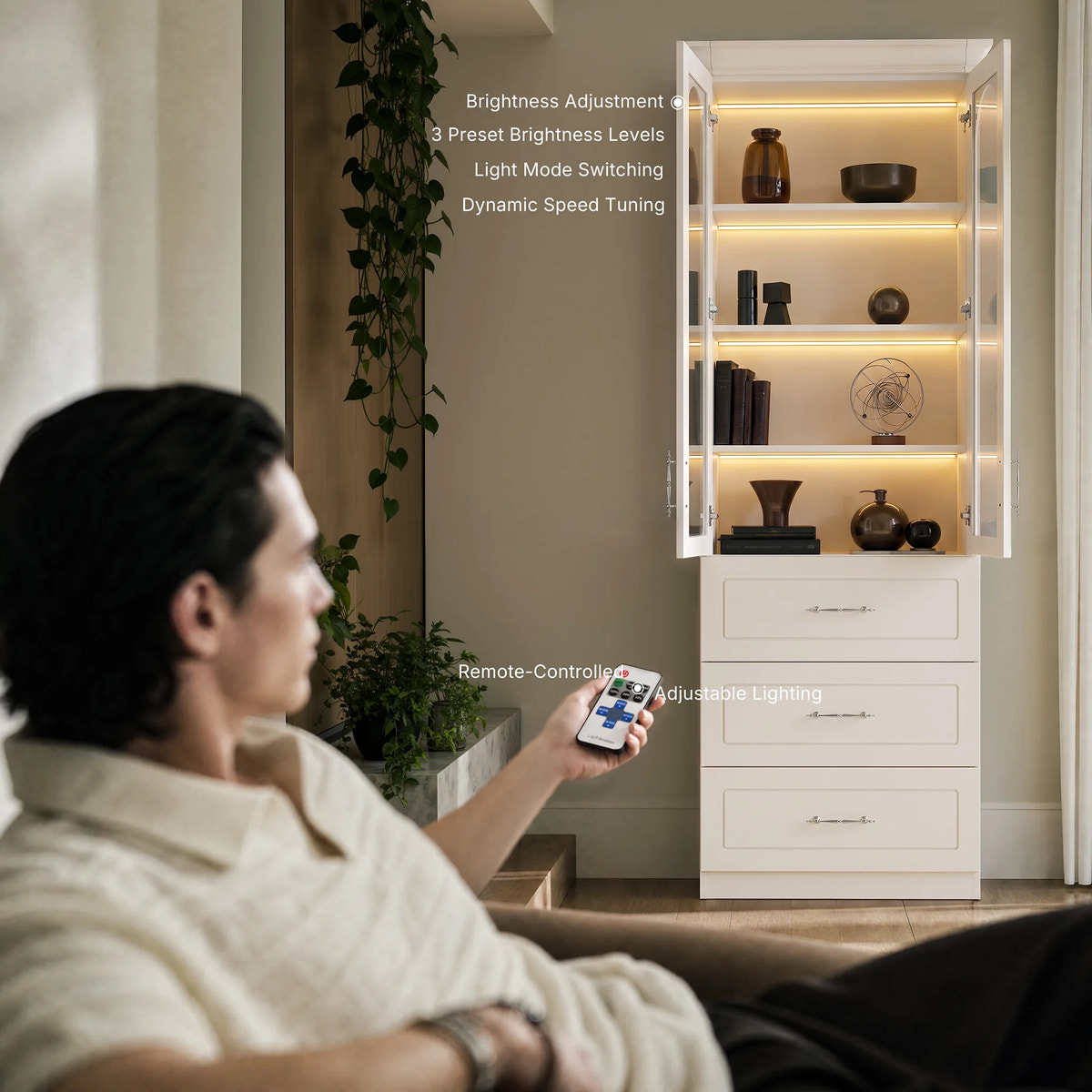 Arched Display Cabinet with Glass Doors and Integrated Lighting Set of 2