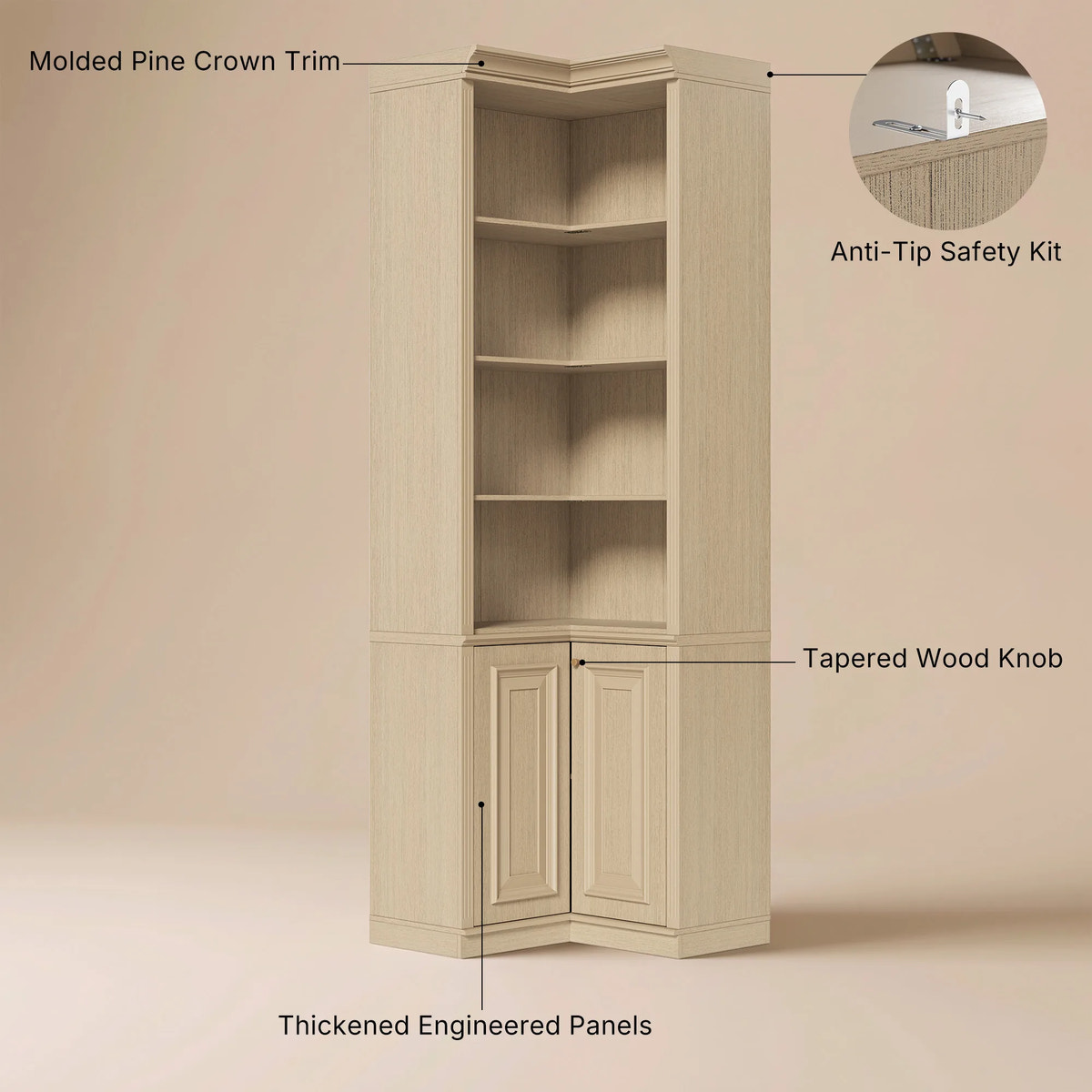 Tall Corner Cabinet with 4-Tier Open Shelves