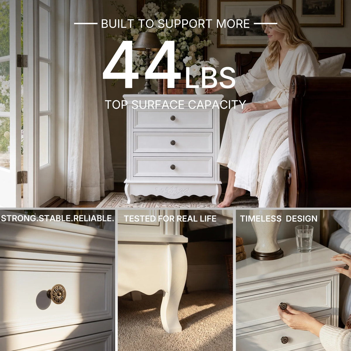 White Classic 3-Drawer Nightstand with Metal Handles, Set of 2