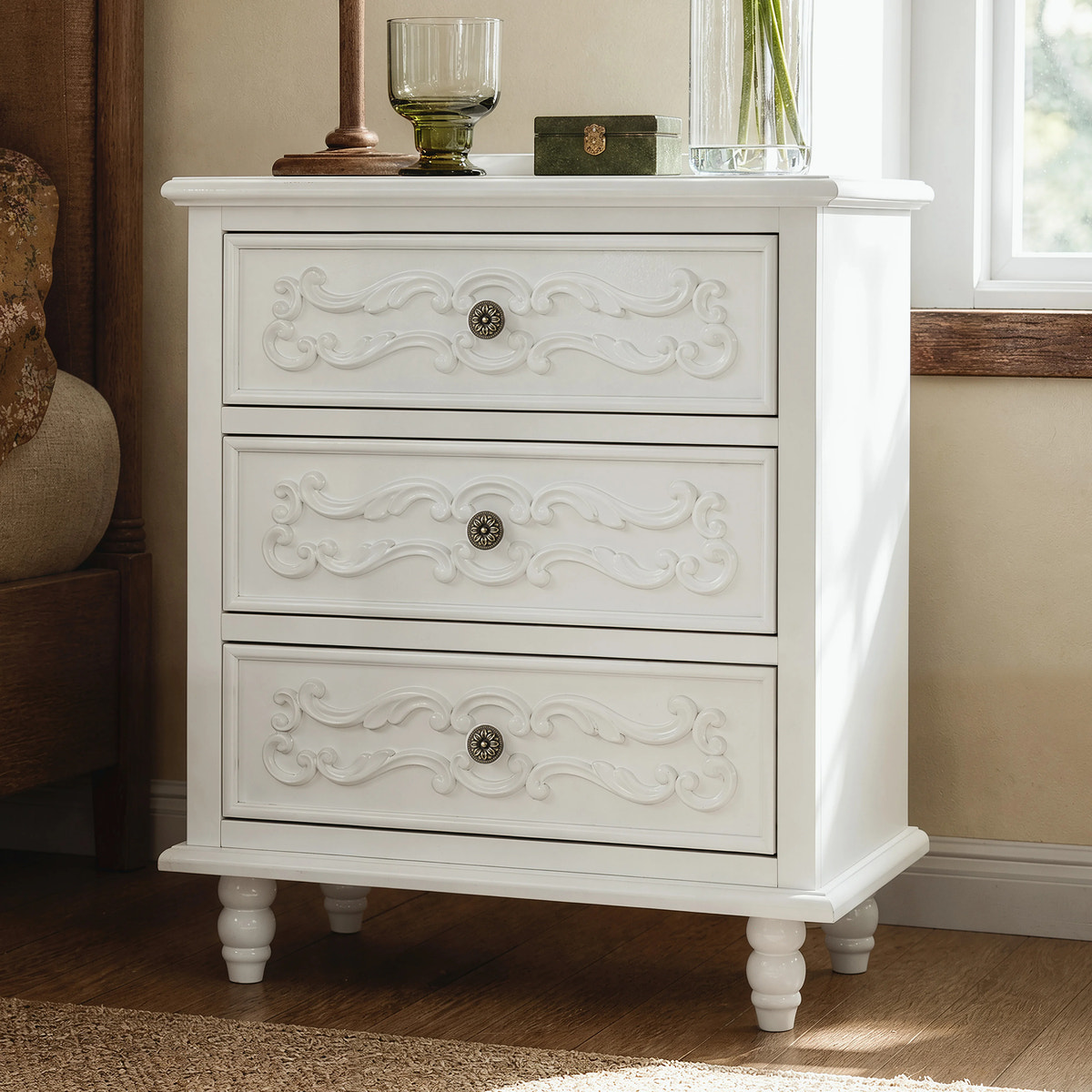 White Carved 3-Drawer Nightstand with Metal Handles