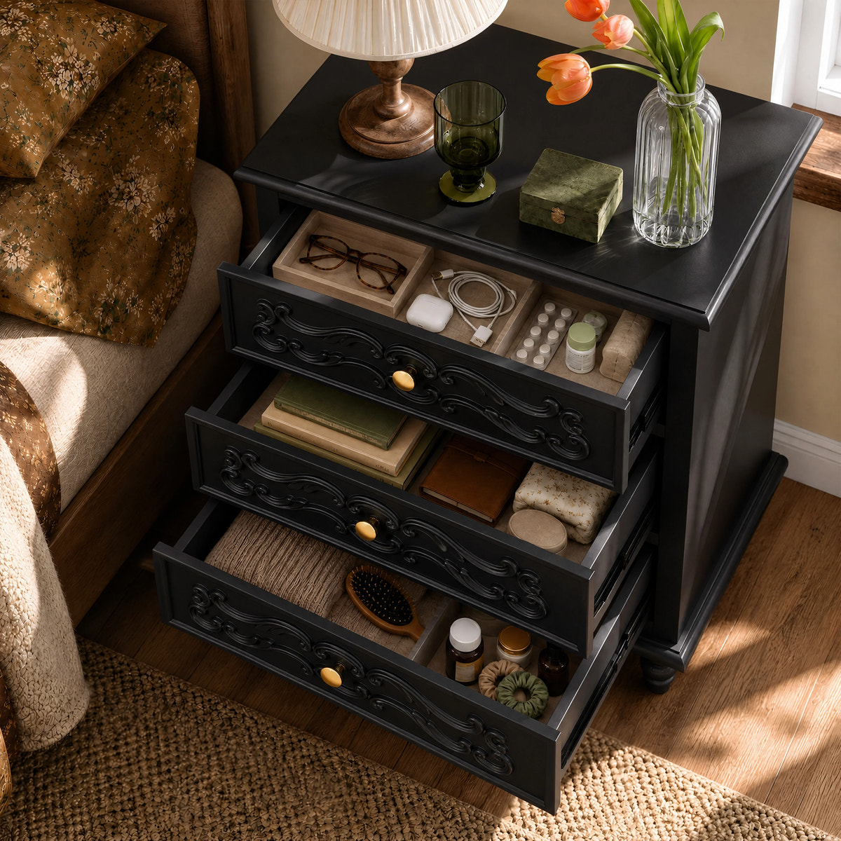 Black Carved 3-Drawer Nightstand with Metal Handles, Set of 2