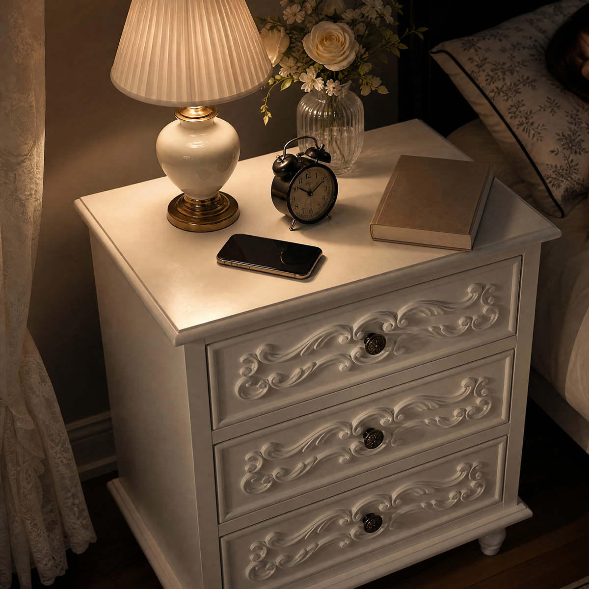White Carved 3-Drawer Nightstand with Metal Handles