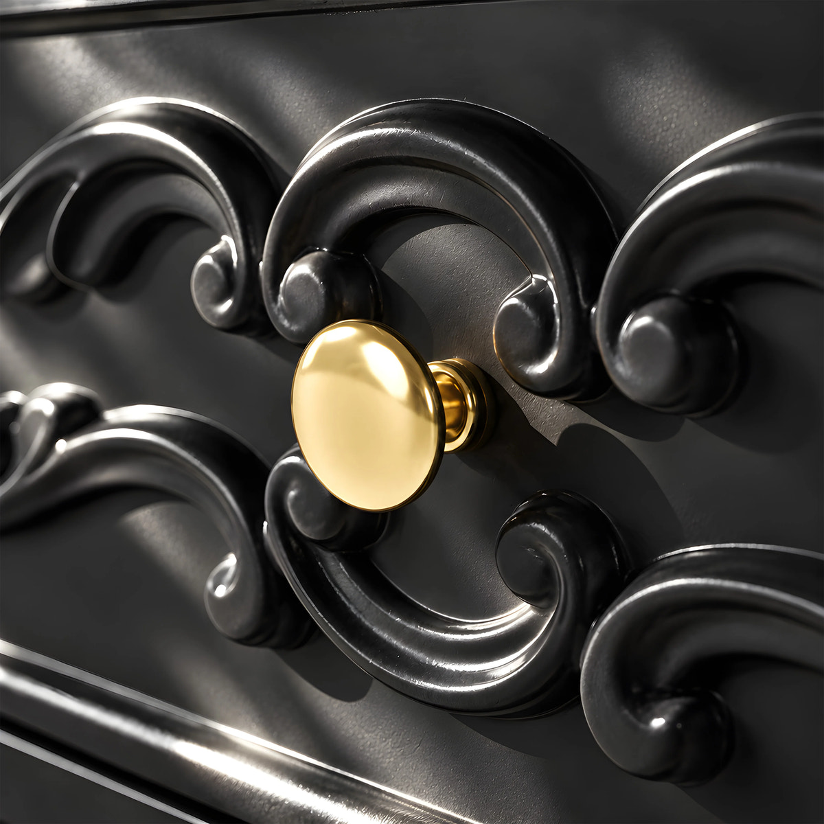 Black Carved 3-Drawer Nightstand with Metal Handles, Set of 2