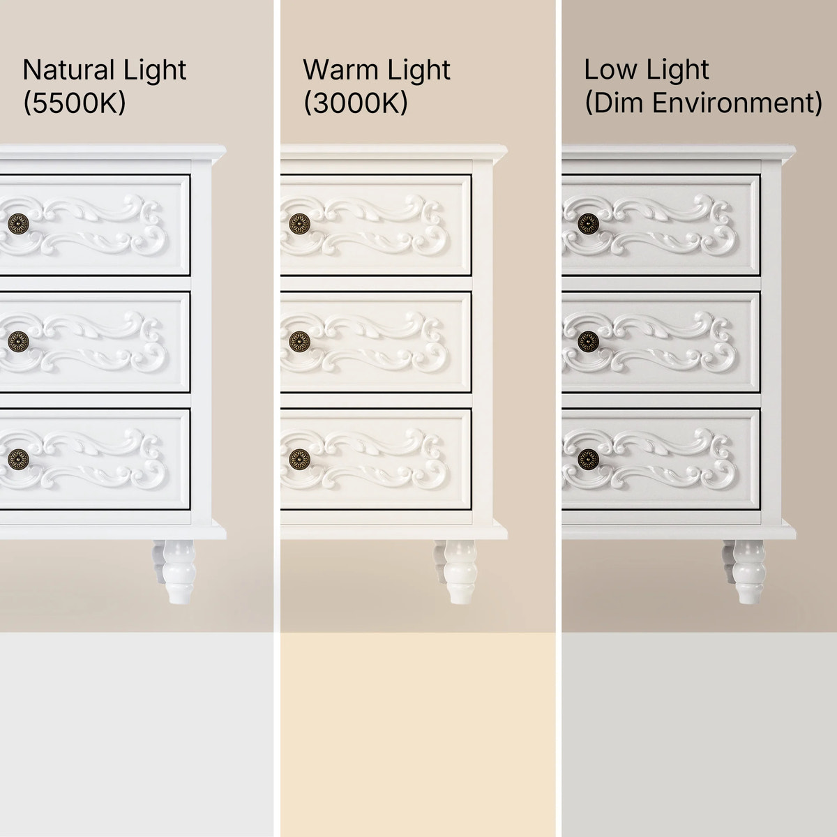 White Carved 3-Drawer Nightstand with Metal Handles