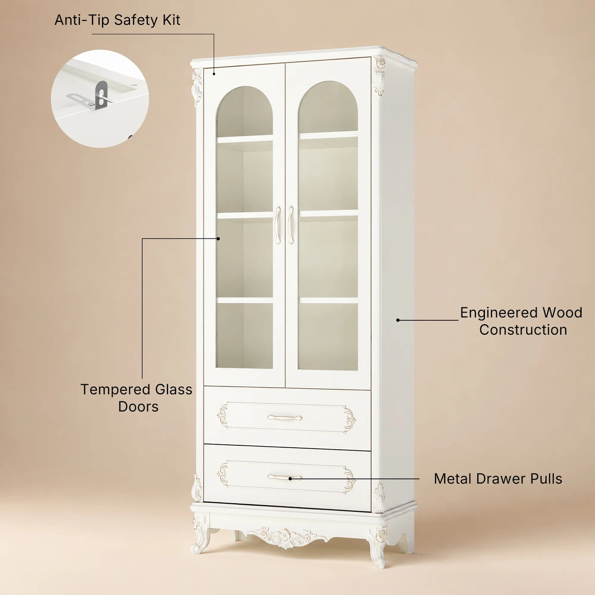 Relievo Rocaille Glass Display Cabinet with 2 Drawers (31.5")