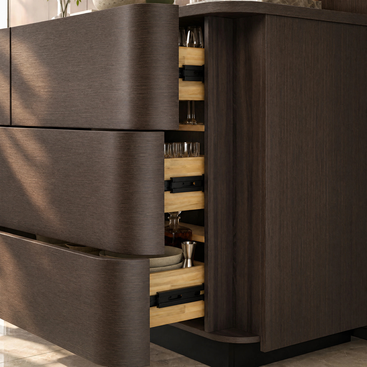 Orbis 9-Drawer Curved Dresser – Black Walnut