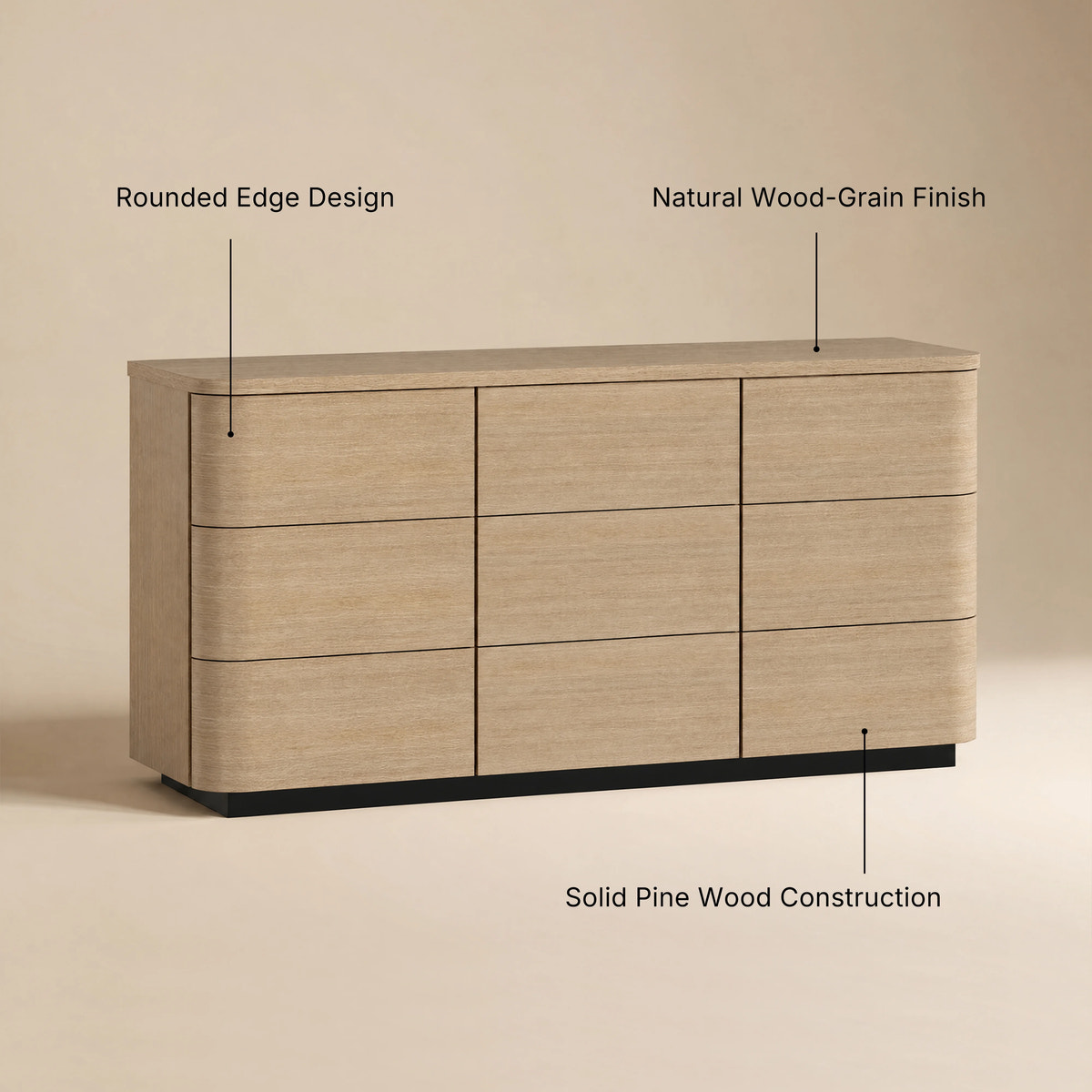 Orbis 9-Drawer Curved Dresser – Oak