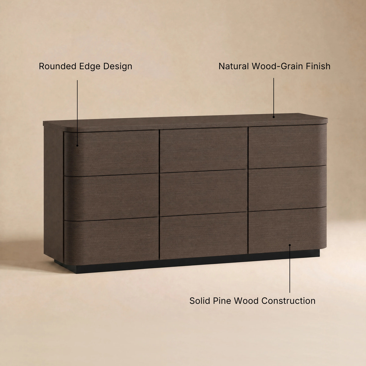 Orbis 9-Drawer Curved Dresser – Black Walnut