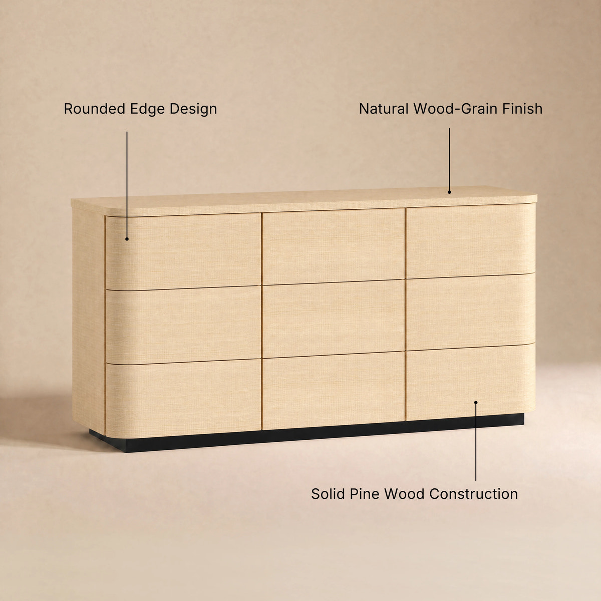 Orbis 9-Drawer Curved Dresser – Natural Wood