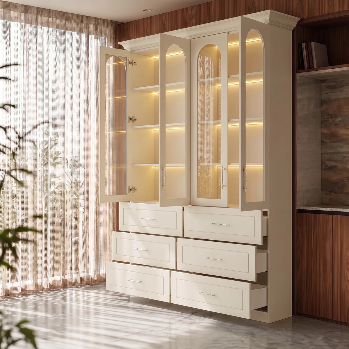 Arched Display Cabinet with Glass Doors and Integrated Lighting Set of 2