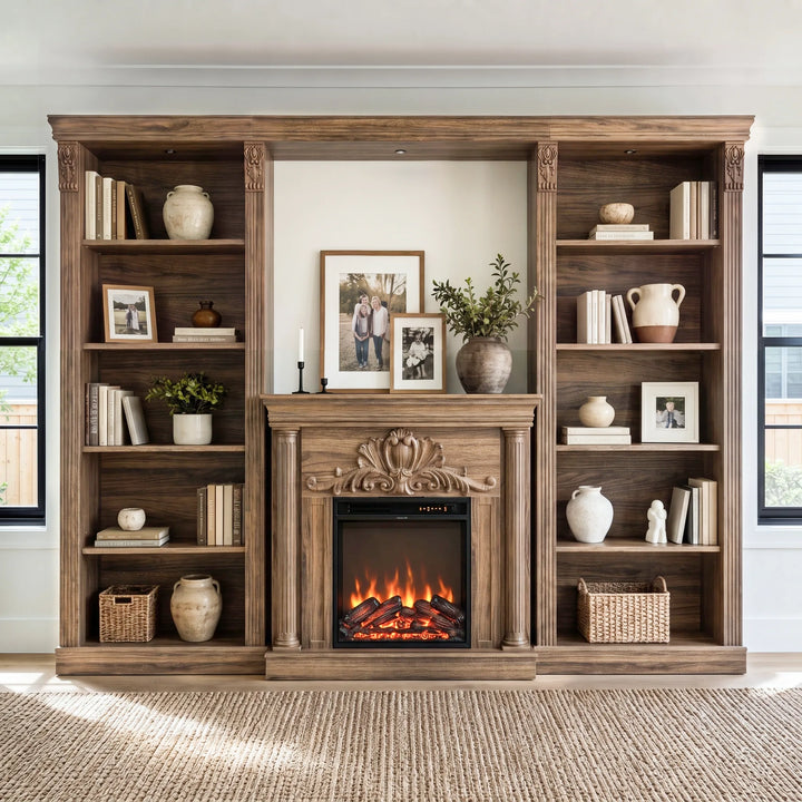 Walnut Entertainment Center with Built-In Electric Fireplace and 5-Tier Bookcases