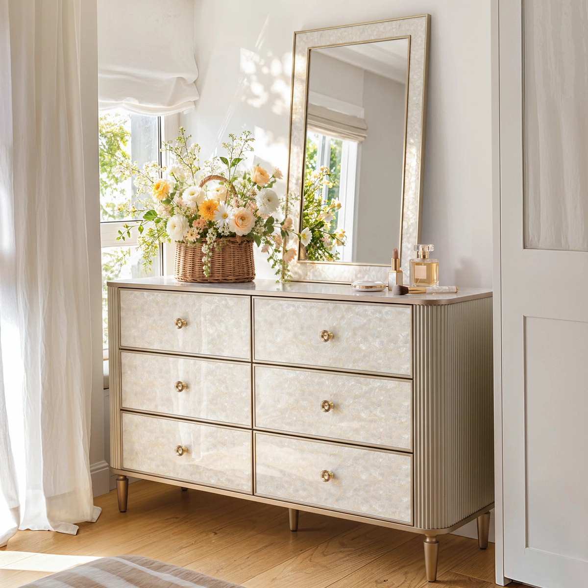 Nacre Mother-of-Pearl Inspired Dresser & Mirror Set