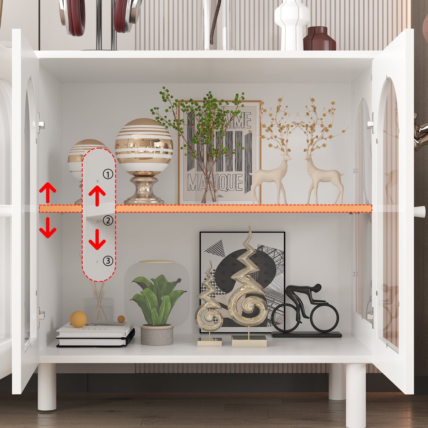 55.1" White Storage Cabinet with Glass Doors Buffet Lacquer Sideboard
