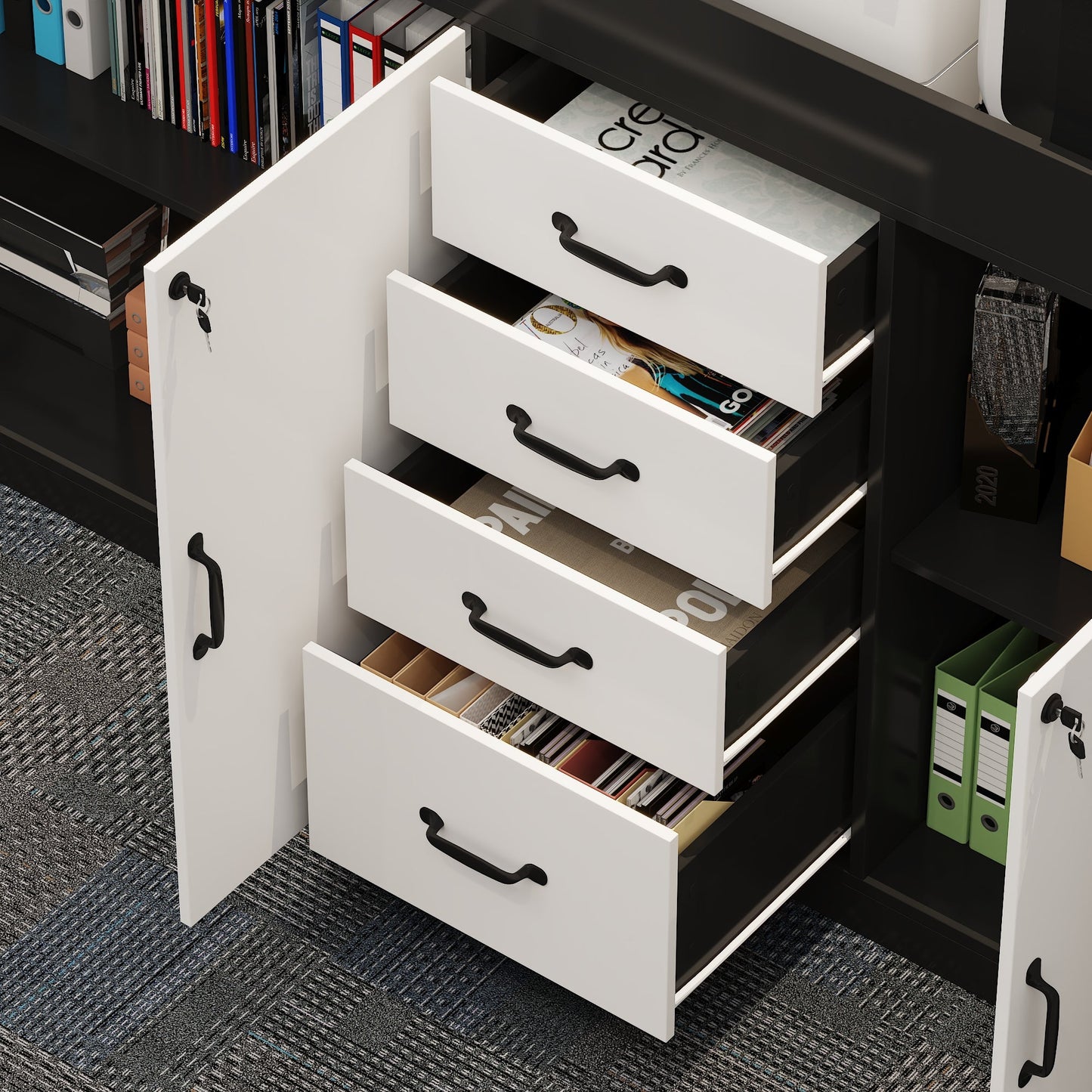 35.4'' H X 63 '' W 4-Drawer Office Storage Cabinet With Adjustable Shelfs And Lock