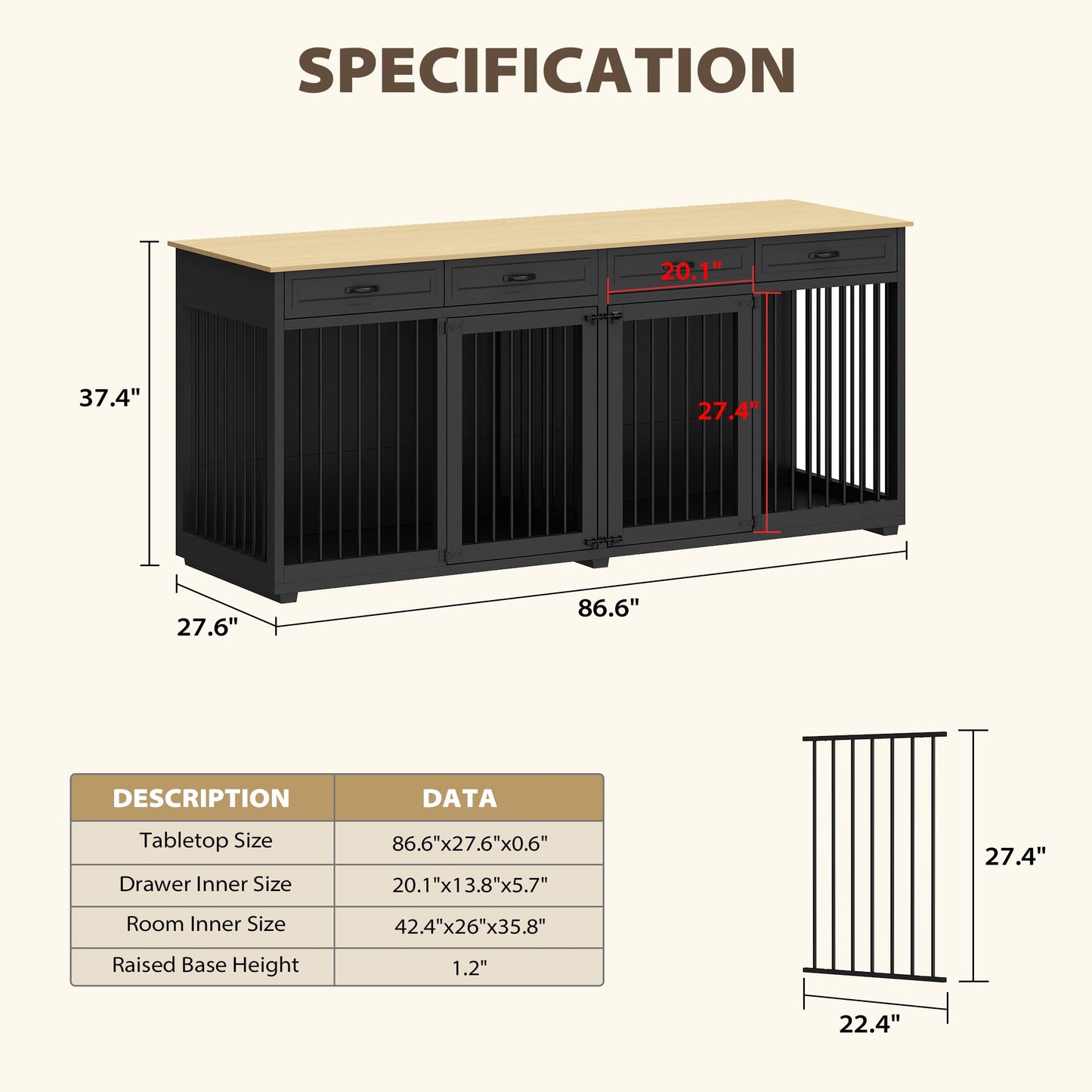 Large Dog Crate Furniture with 4 Drawers and Divider