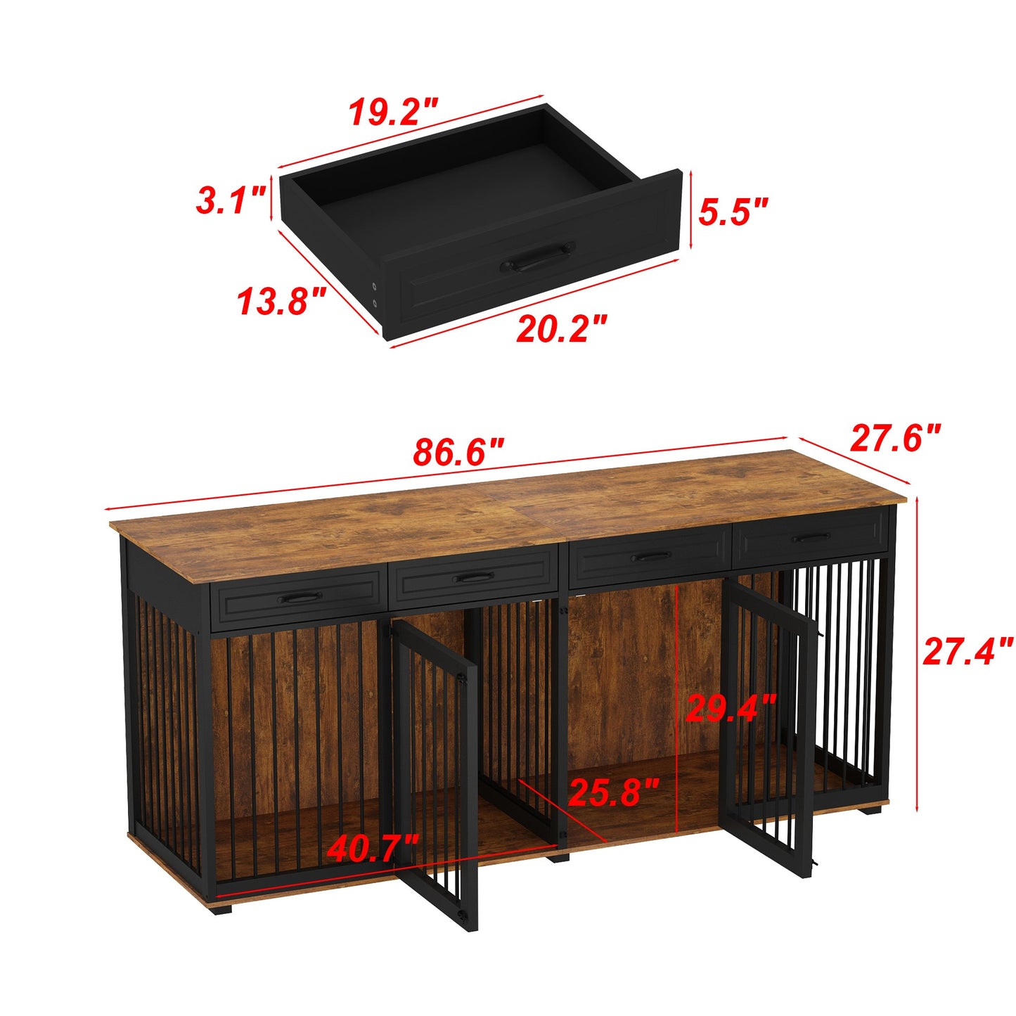 Large Dog Crate Furniture with 4 Drawers and Divider