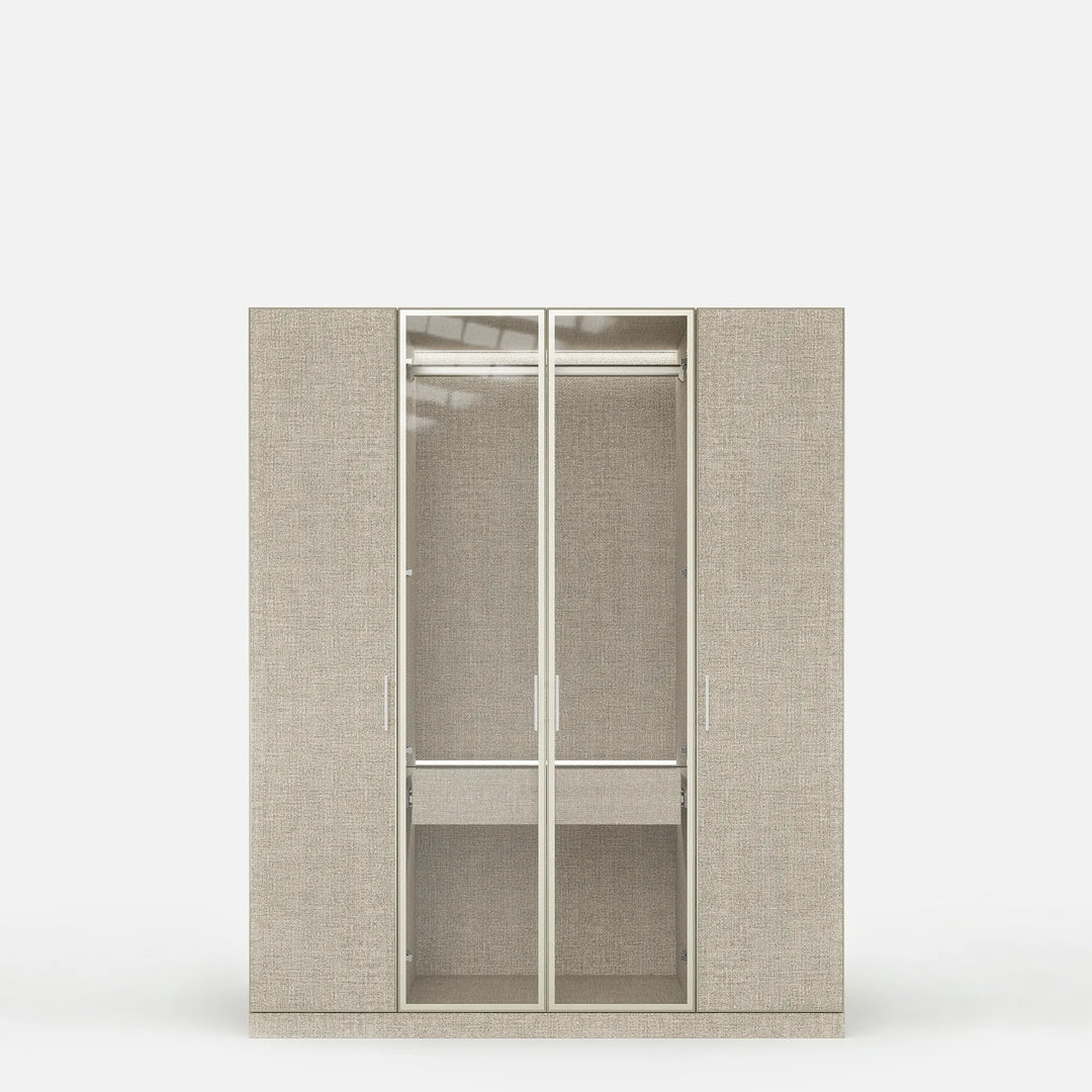 Tela Lumi wardrobe with glass center doors, hanging space and interior LED lighting