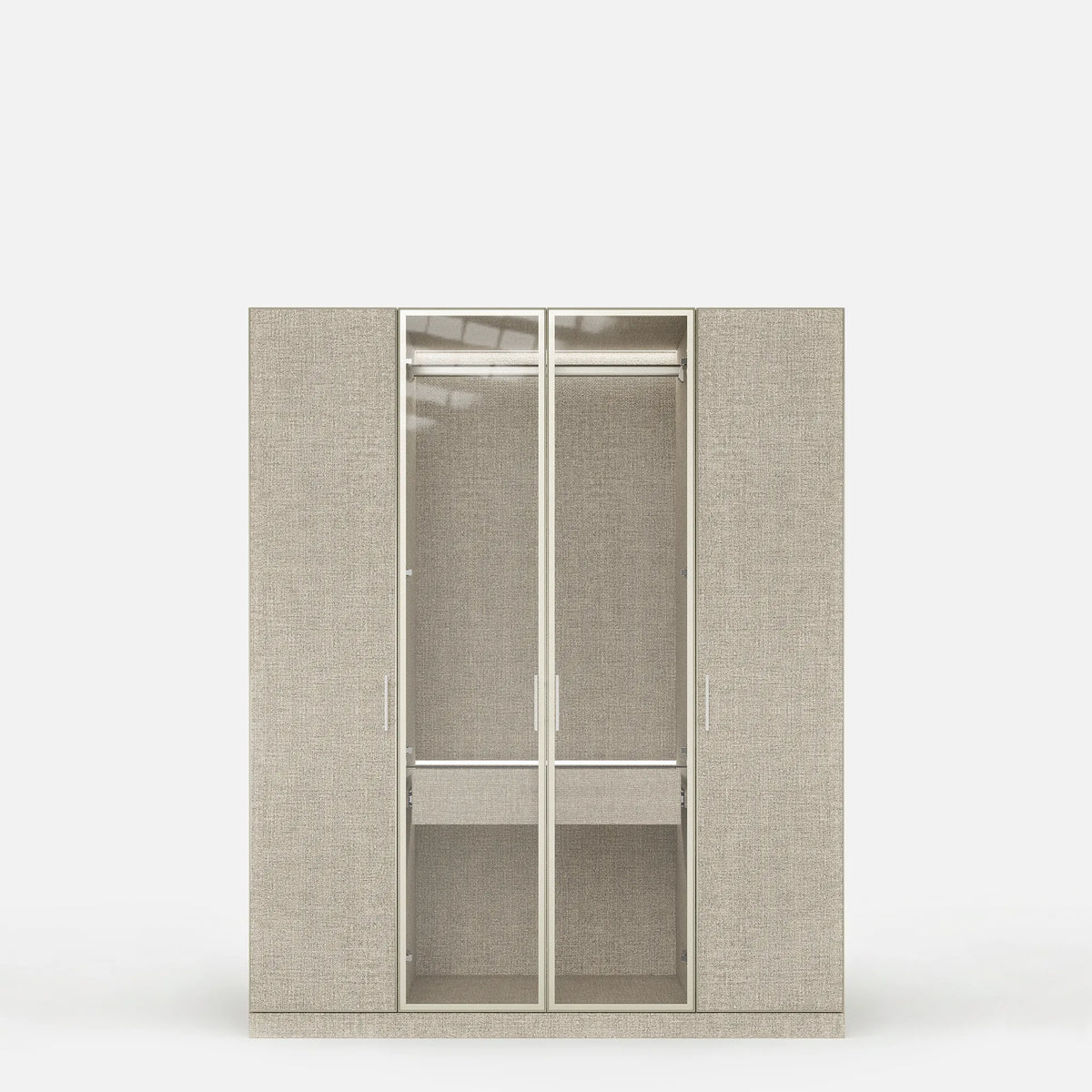 Tela Lumi wardrobe with glass center doors, hanging space and interior LED lighting