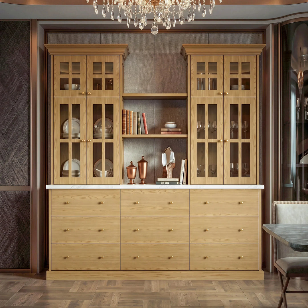 Oak dining hutch with glass doors and drawers in a dining room