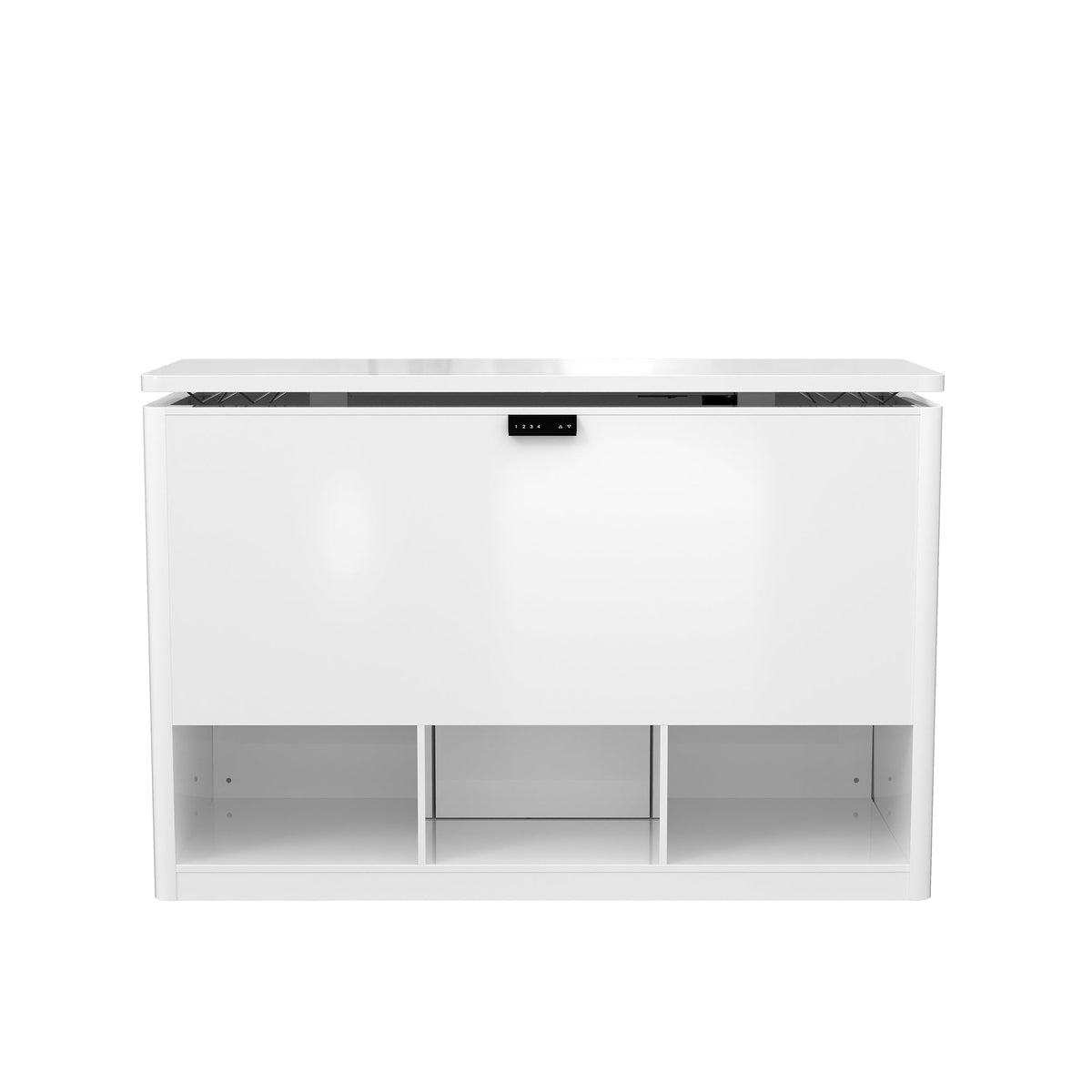 Homsee 63-inch electric lift bar cabinet in high-gloss white with LED lighting and glass shelves