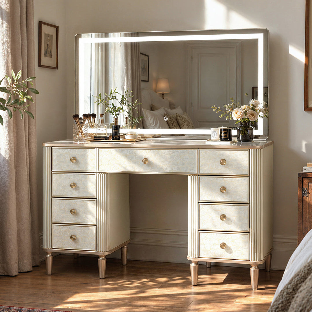 Makeup vanity with a large LED lighted mirror in a sunlit bedroom