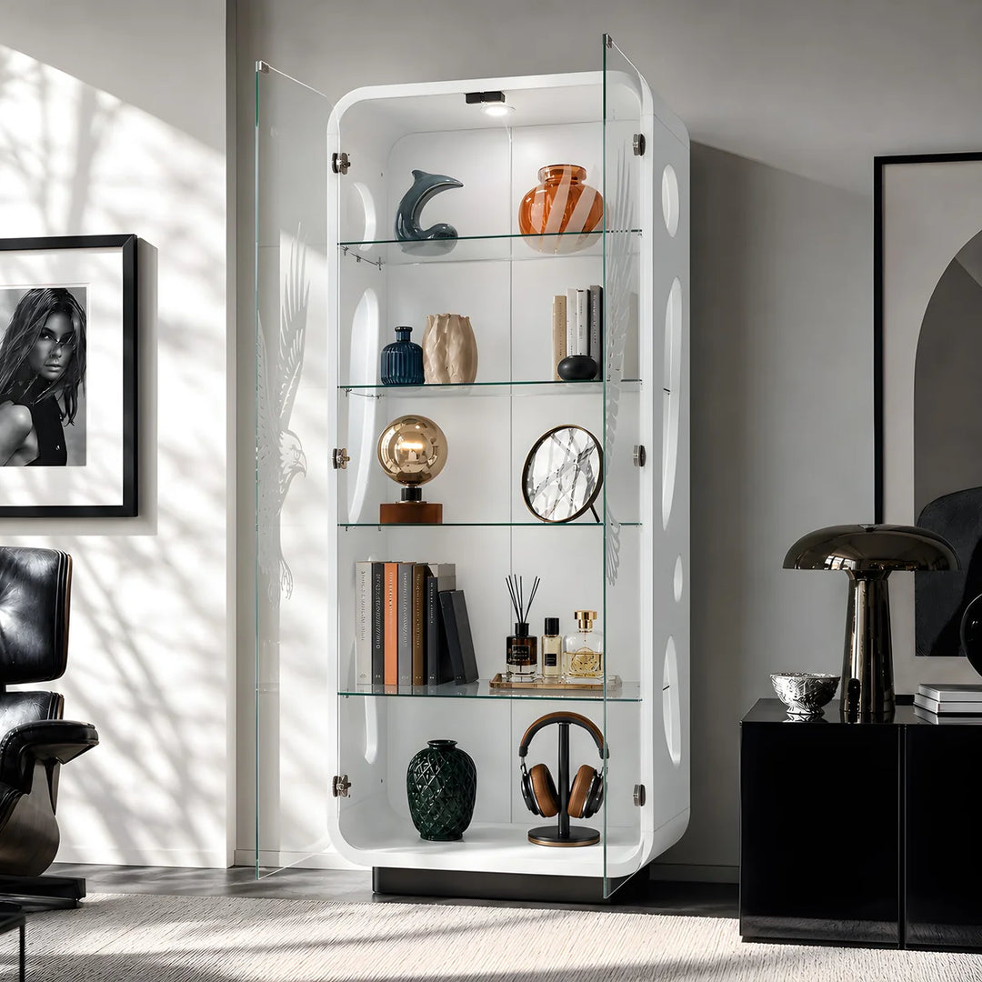 White glass display unit with LED lighting and glass shelves in a modern living room