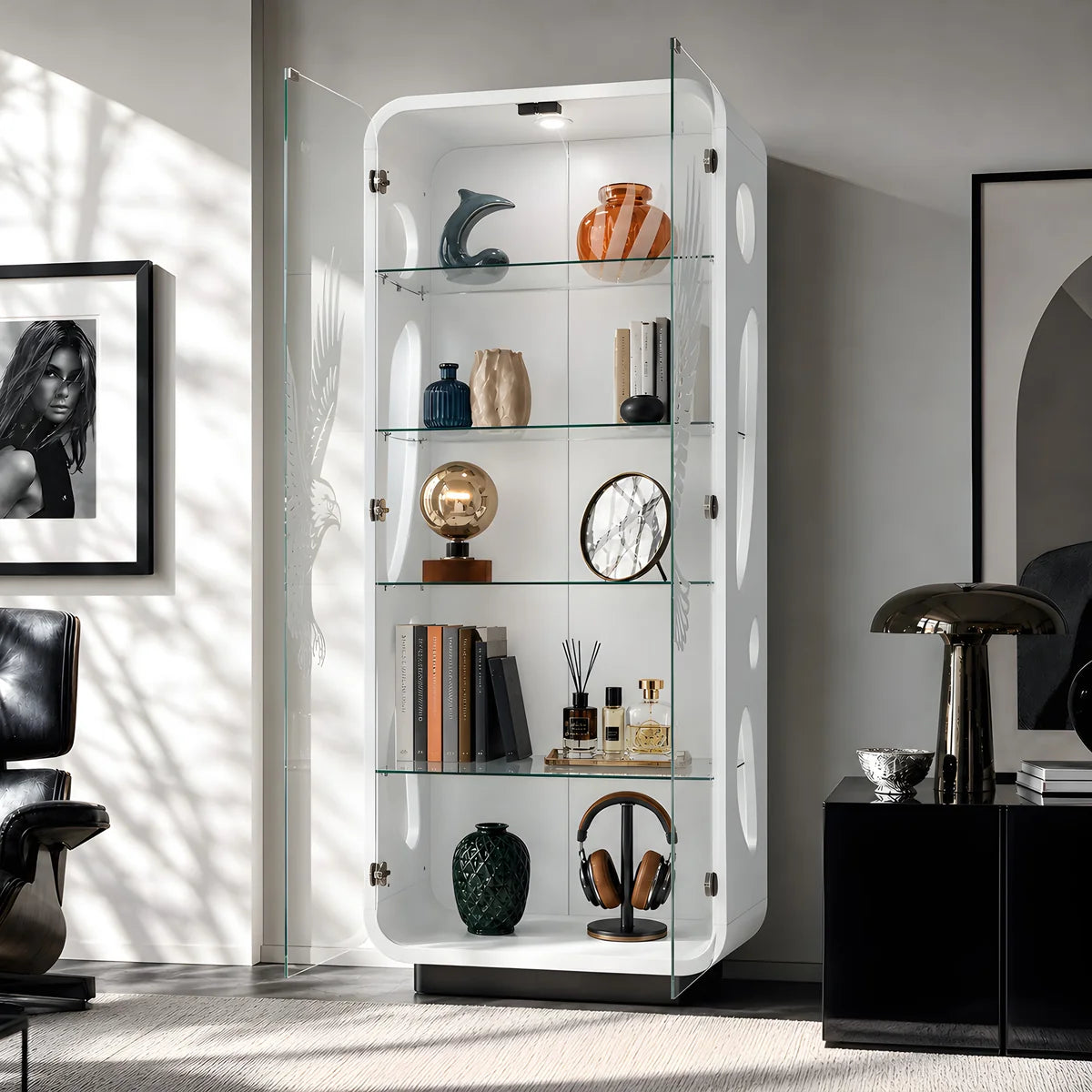 White glass display unit with LED lighting and glass shelves in a modern living room