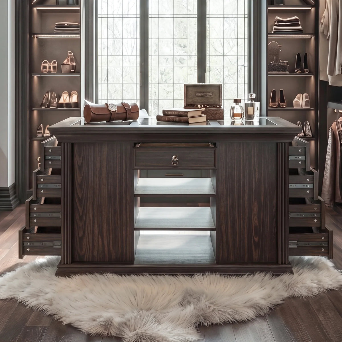 Dark wood jewelry island with glass top and drawers in a walk-in closet