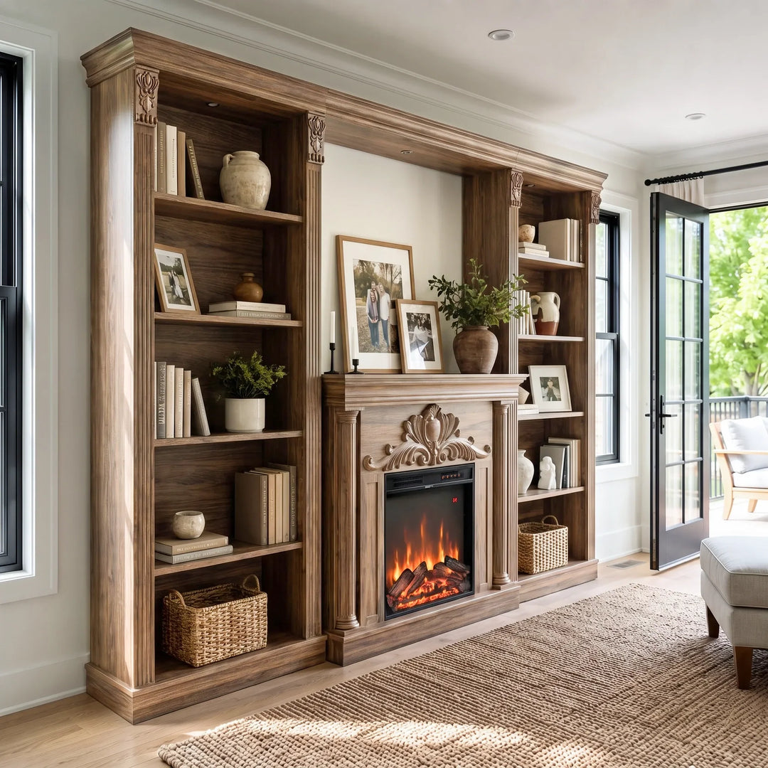 Walnut entertainment wall with bookcases and fireplace in a sunny living room