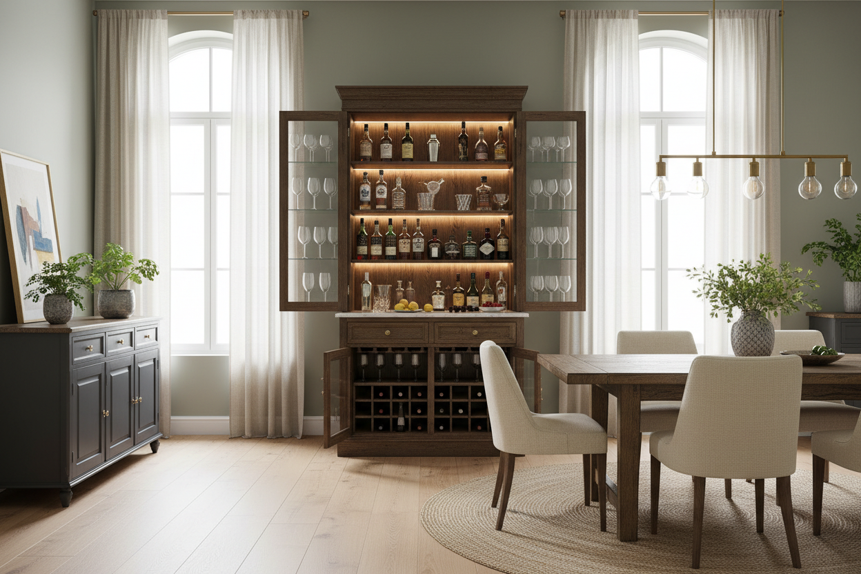 A display cabinet home bar setup: Repurposing dining room staples