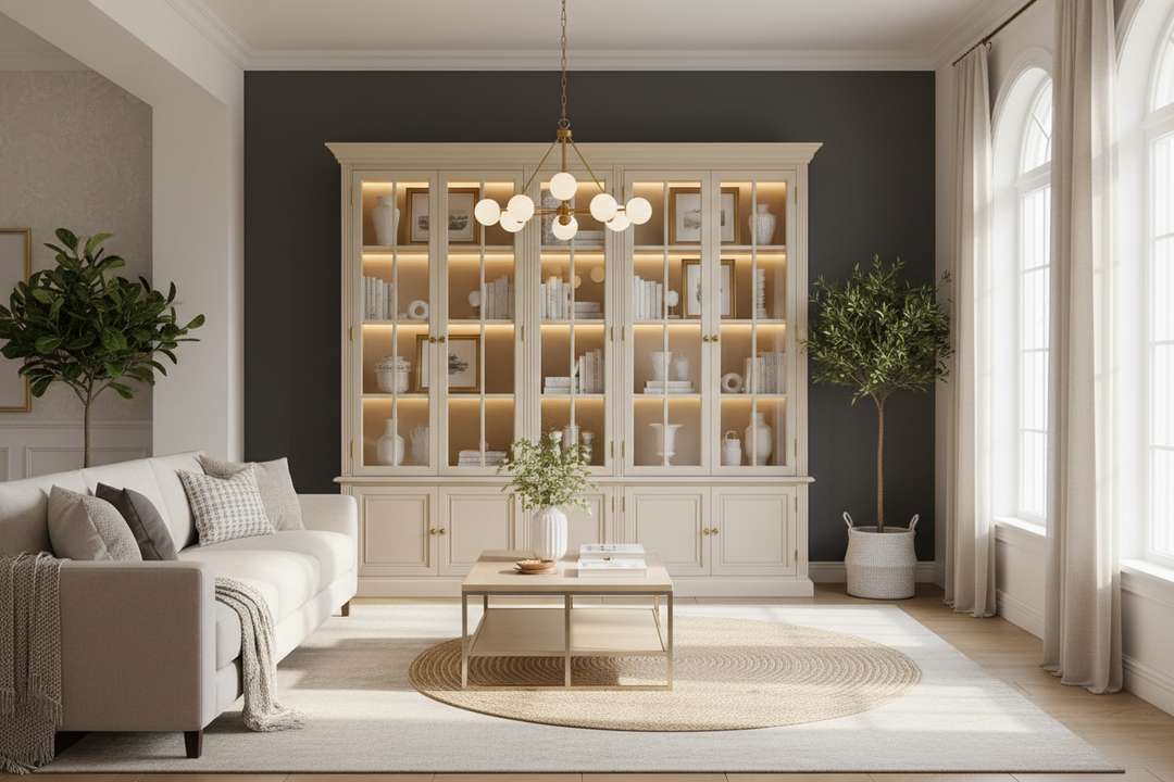 A cream display cabinet: Softening dark living rooms