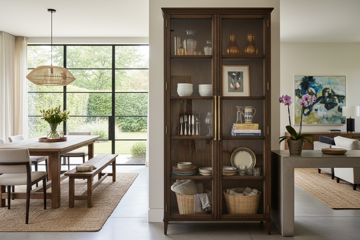 A designer display cabinet: The high-low trick for dining rooms