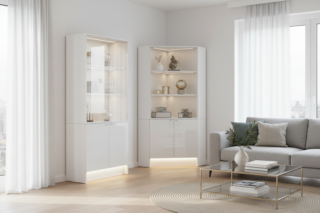 White gloss display cabinet: Bouncing light in dark spaces