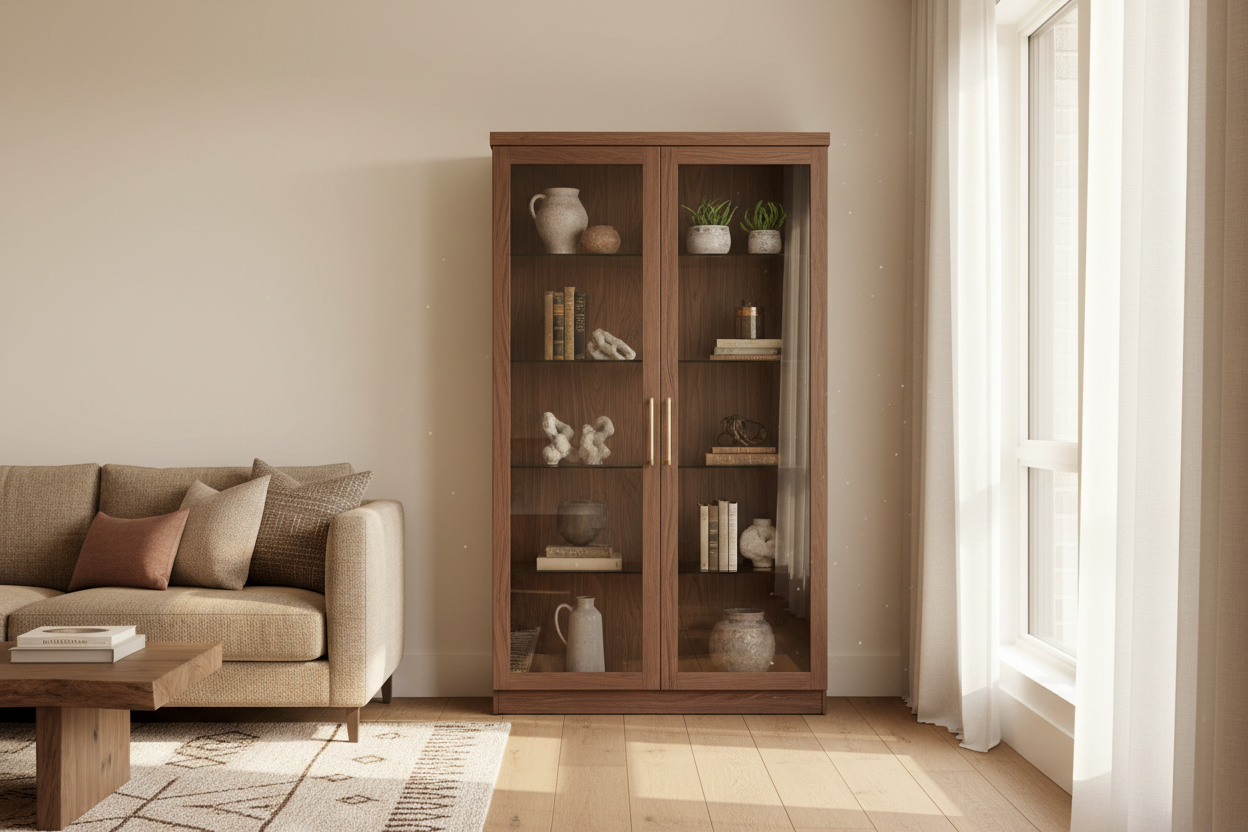Brown Wooden Cabinet With Glass Doors — The Designer's Secret to Warm, Curated Displays