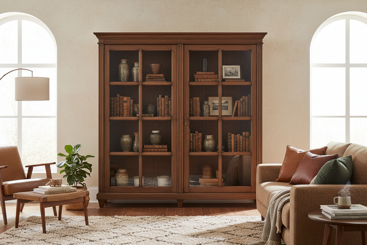 Brown Wooden Cabinet With Glass Doors — The Styling Secret That Actually Makes Your Home Feel Cozy