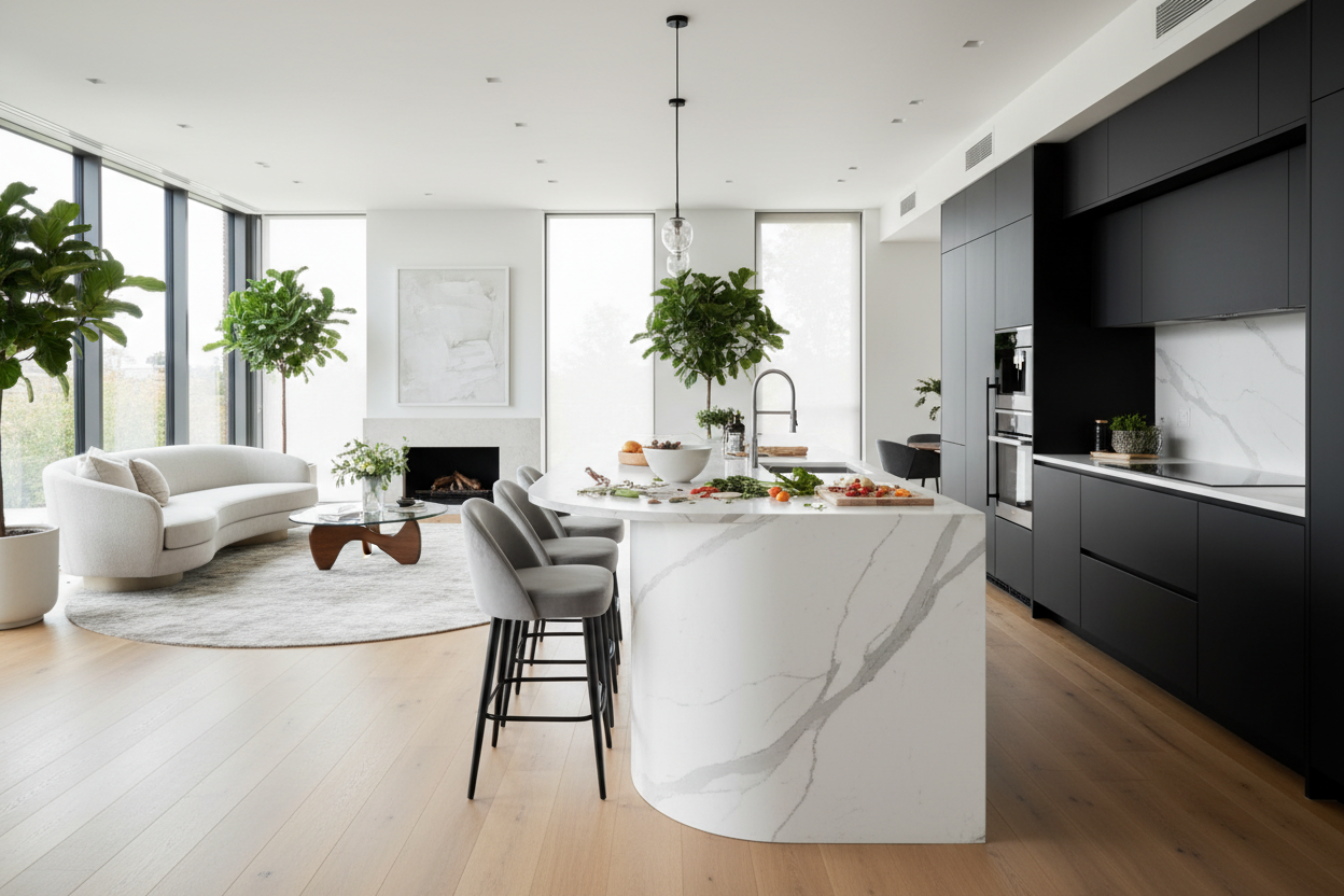 I Used a Crescent Shaped Kitchen Island to Hide My Messy Prep Zone
