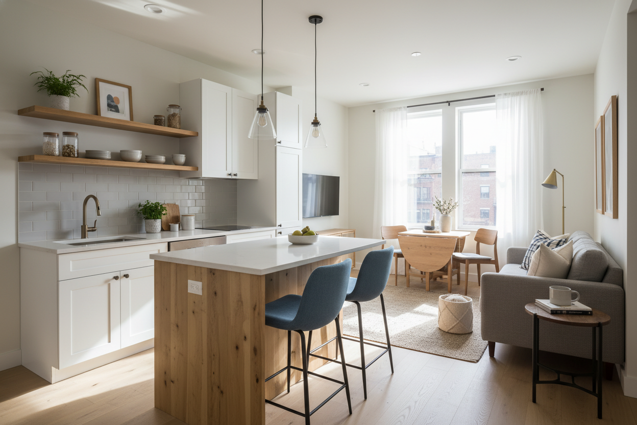 How I Fit an Apartment Kitchen Island With Seating in 400 Sq Ft