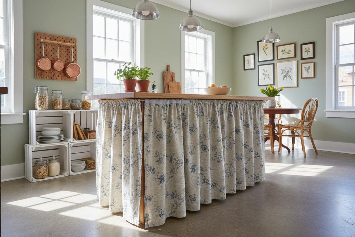 I Hid My Ugly Open Shelving With a Kitchen Island Skirt