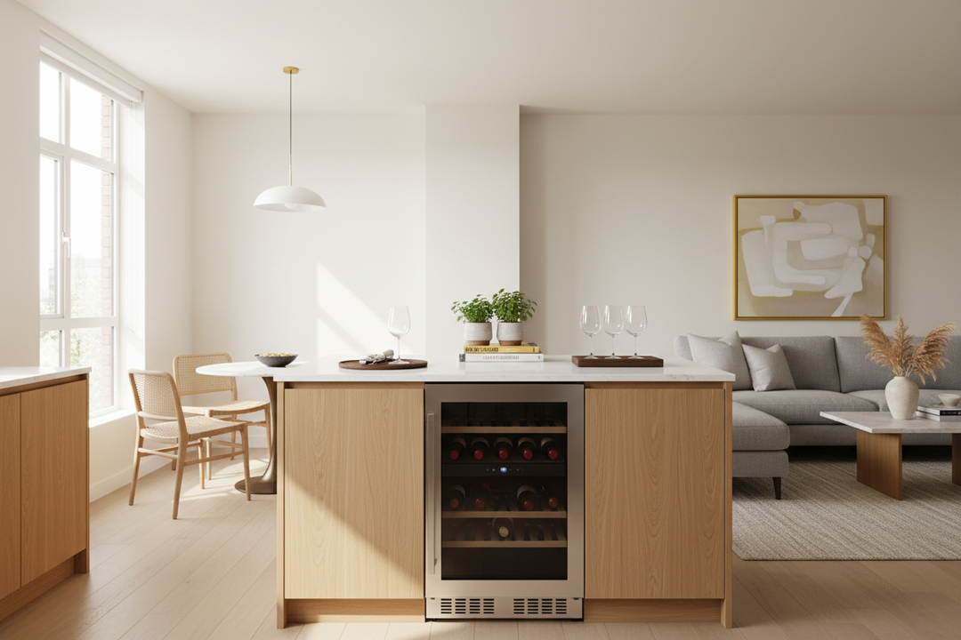The 3 Rules for Hacking a Small Kitchen Island With Wine Fridge