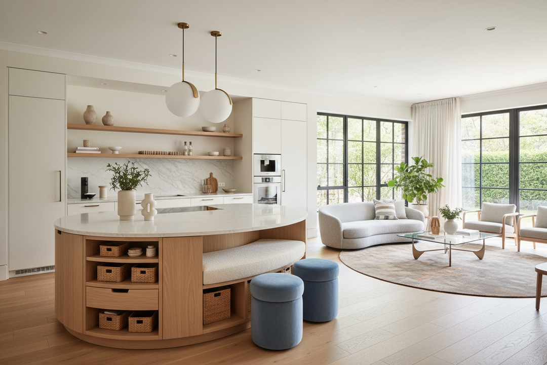 A Round Kitchen Island With Storage and Seating Saved My Awkward Kitchen