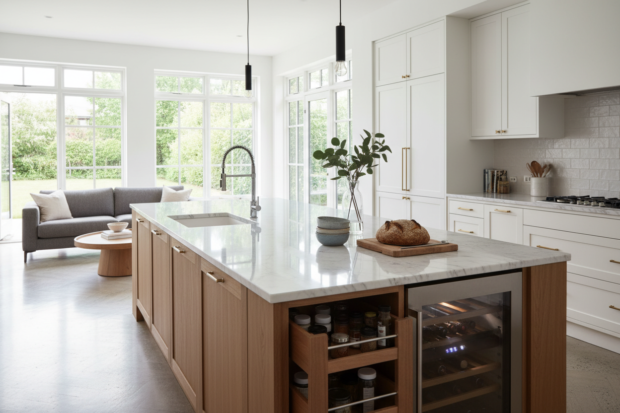 How to Style a Large Kitchen Island Countertop Without Losing Prep Space