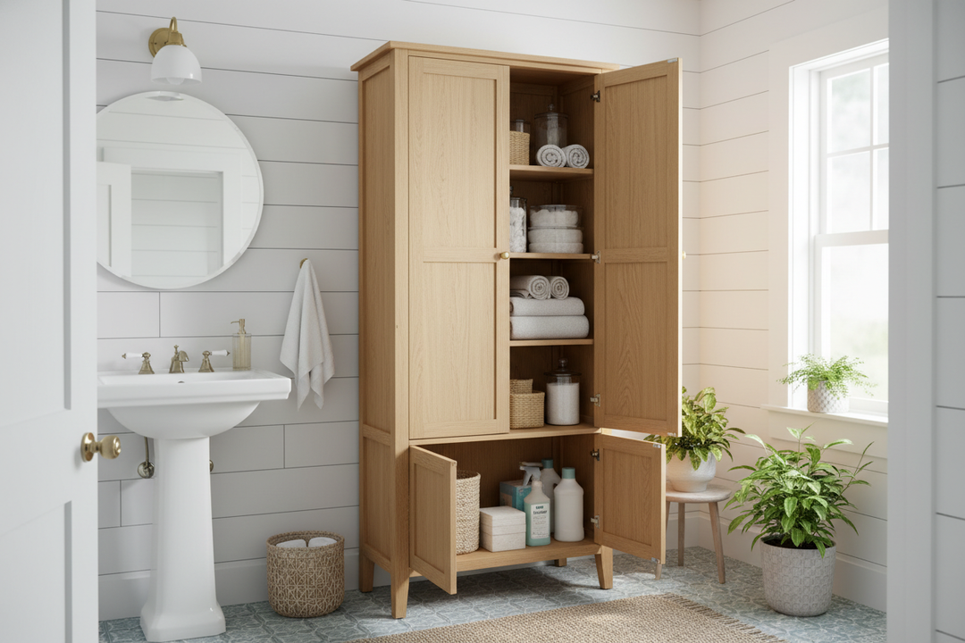 I Fixed My 'No Linen Closet' Nightmare With a Tall Wood Cabinet